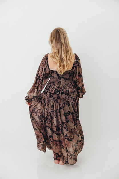 Blaine Smocked Maxi Dress in Black Floral