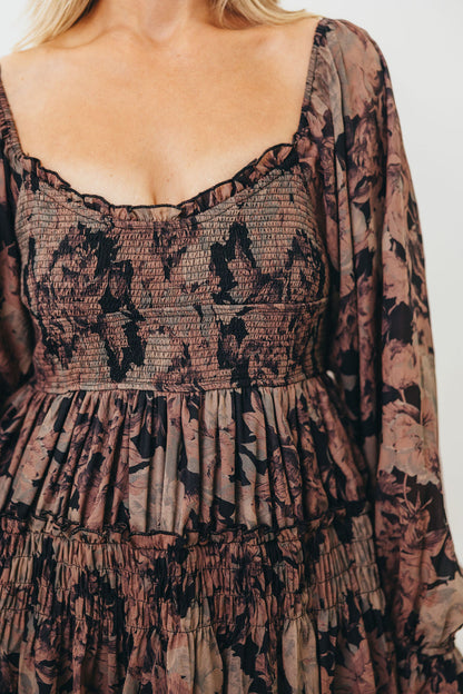Blaine Smocked Maxi Dress in Black Floral