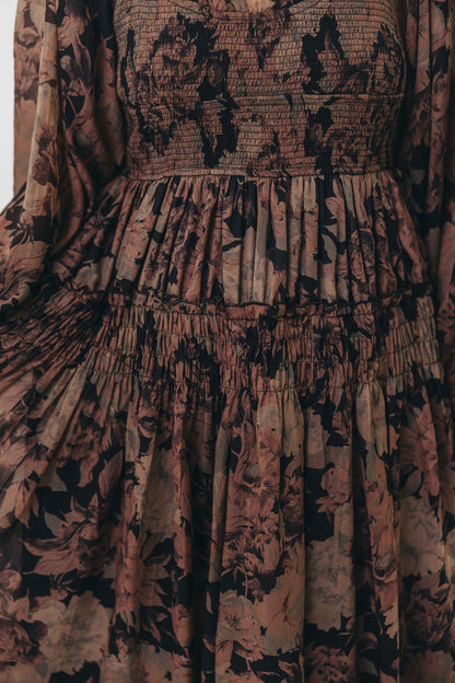 Blaine Smocked Maxi Dress in Black Floral