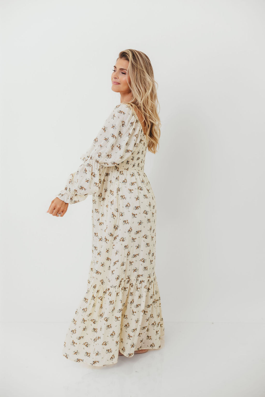 Emerson 100% Cotton Smocked Maxi Dress with Long Sleeves in Off White - Bump Friendly