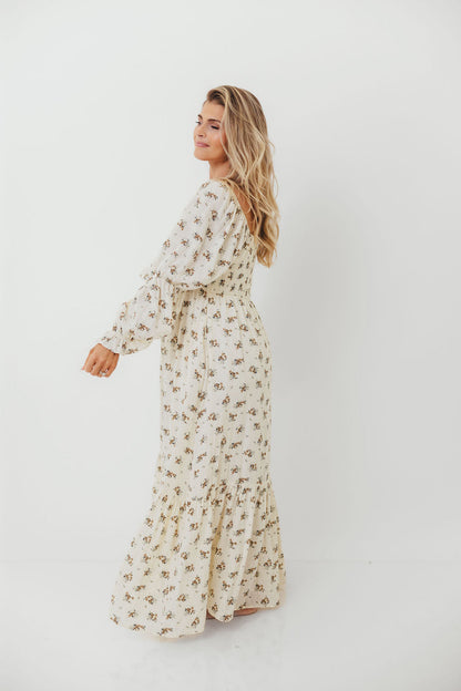 Emerson 100% Cotton Smocked Maxi Dress with Long Sleeves in Off White - Bump Friendly