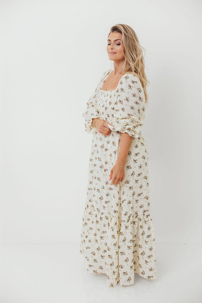 Emerson 100% Cotton Smocked Maxi Dress with Long Sleeves in Off White - Bump Friendly