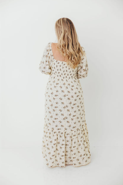 Emerson 100% Cotton Smocked Maxi Dress with Long Sleeves in Off White - Bump Friendly