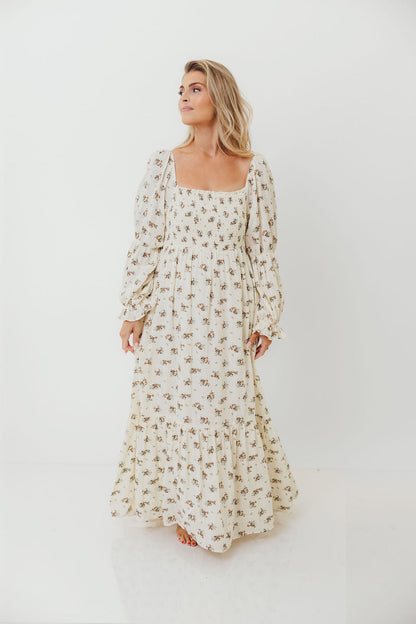 Emerson 100% Cotton Smocked Maxi Dress with Long Sleeves in Off White - Bump Friendly