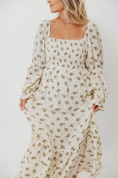 Emerson 100% Cotton Smocked Maxi Dress with Long Sleeves in Off White - Bump Friendly