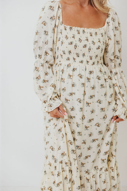 Emerson 100% Cotton Smocked Maxi Dress with Long Sleeves in Off White - Bump Friendly