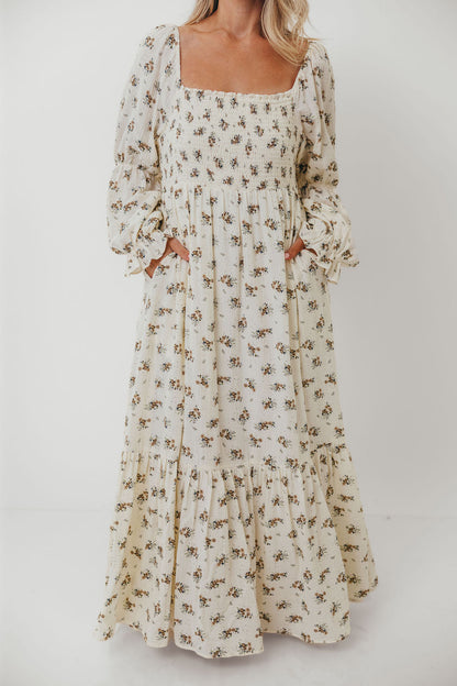 Emerson 100% Cotton Smocked Maxi Dress with Long Sleeves in Off White - Bump Friendly
