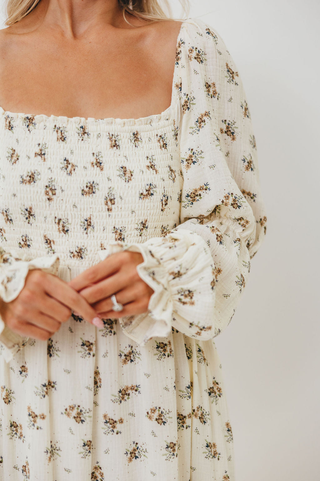 Emerson 100% Cotton Smocked Maxi Dress with Long Sleeves in Off White - Bump Friendly