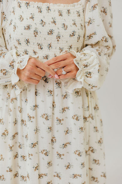 Emerson 100% Cotton Smocked Maxi Dress with Long Sleeves in Off White - Bump Friendly