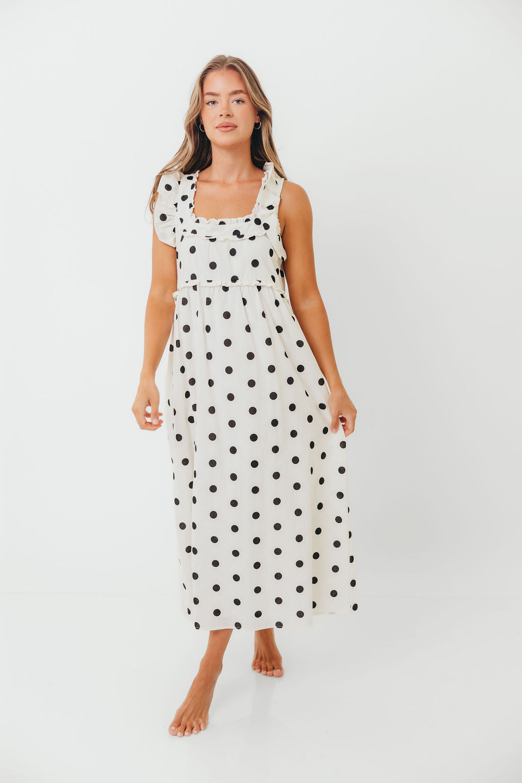 Julia 100% Cotton Polka Dot Midi Dress in Cream/Black