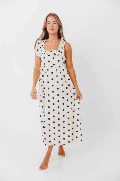 Julia 100% Cotton Polka Dot Midi Dress in Cream/Black