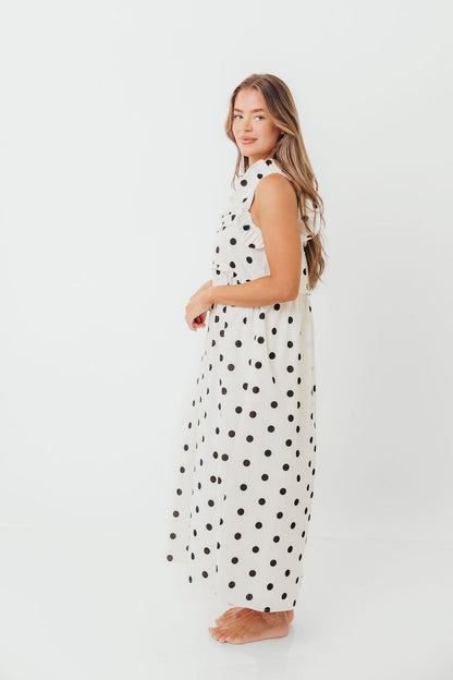 Julia 100% Cotton Polka Dot Midi Dress in Cream/Black