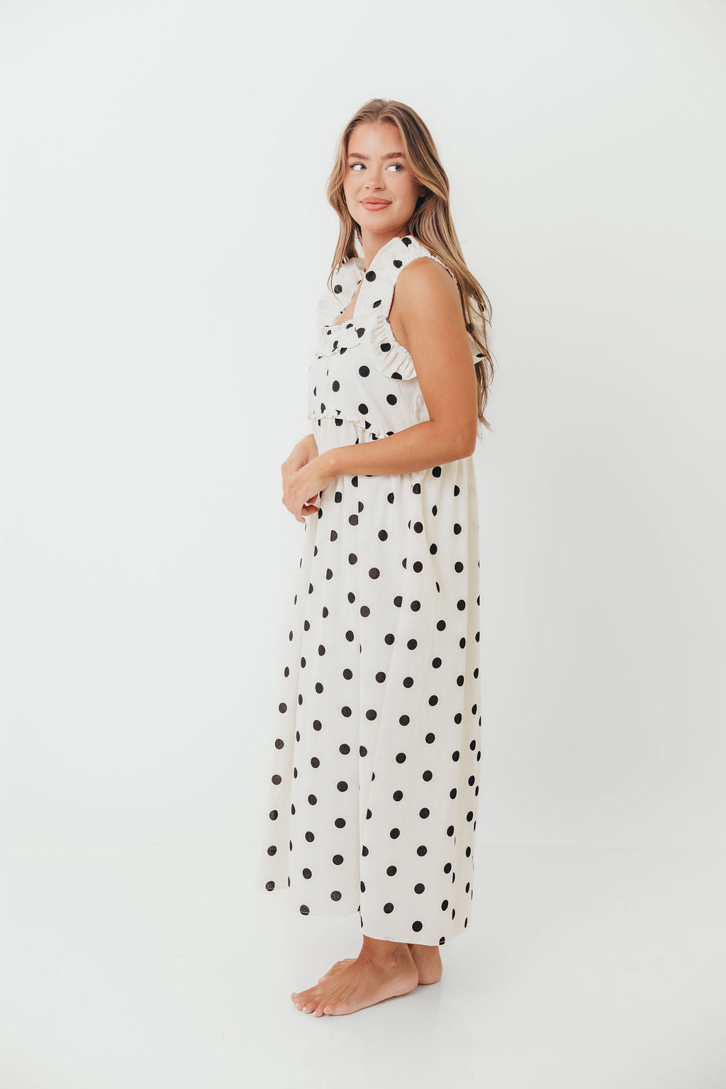 Julia 100% Cotton Polka Dot Midi Dress in Cream/Black