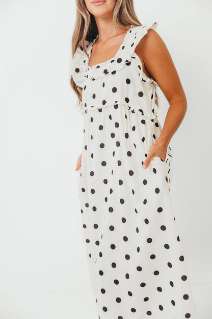 Julia 100% Cotton Polka Dot Midi Dress in Cream/Black