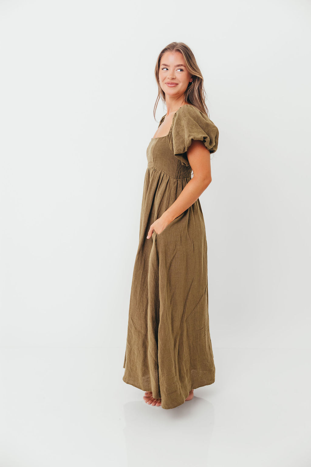 Candace Woven Linen Maxi Dress in Dark Olive - Bump Friendly