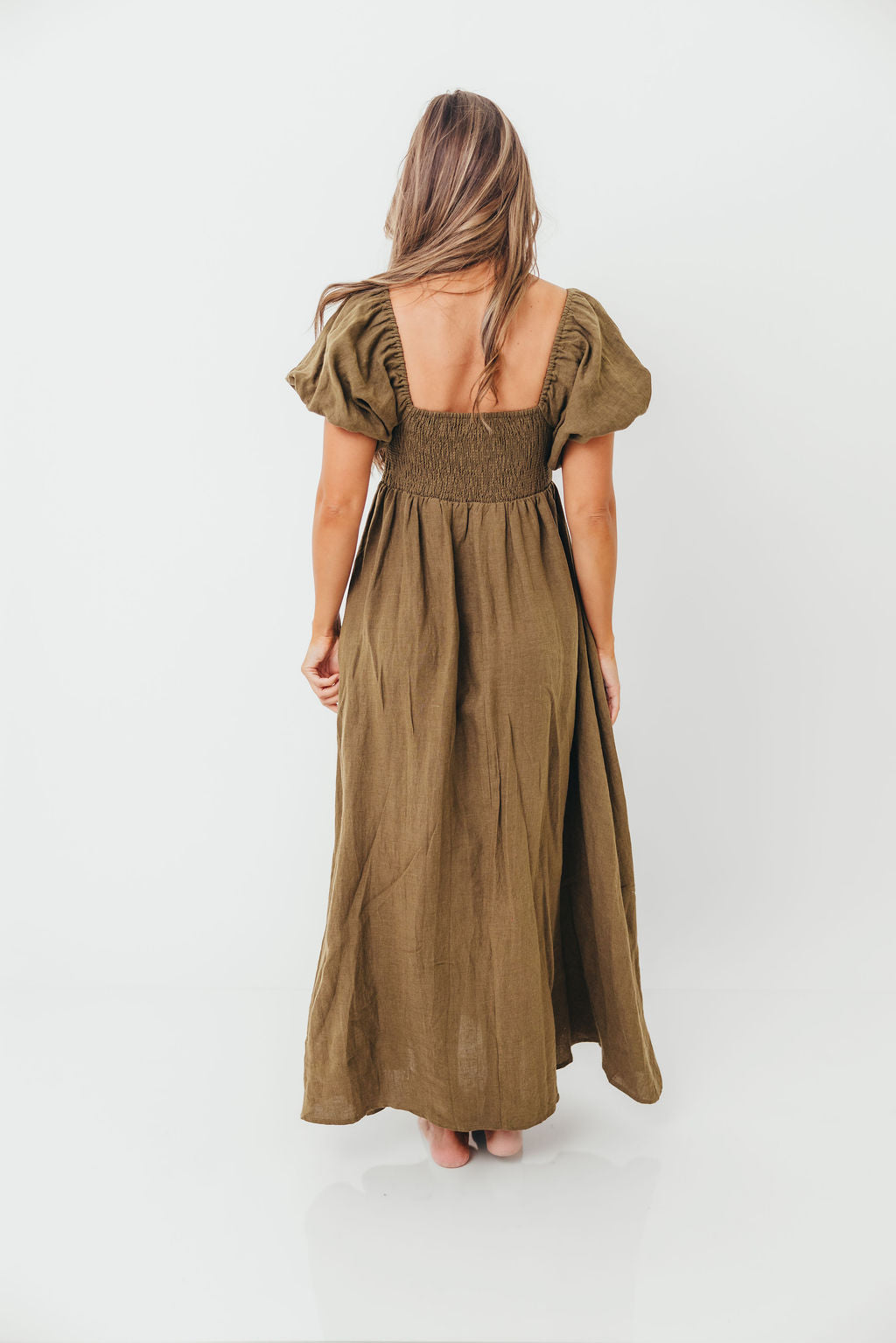Candace Woven Linen Maxi Dress in Dark Olive - Bump Friendly