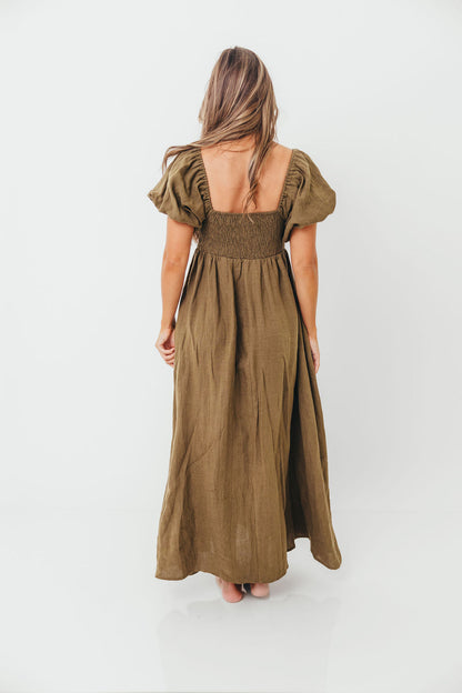 Candace Woven Linen Maxi Dress in Dark Olive - Bump Friendly
