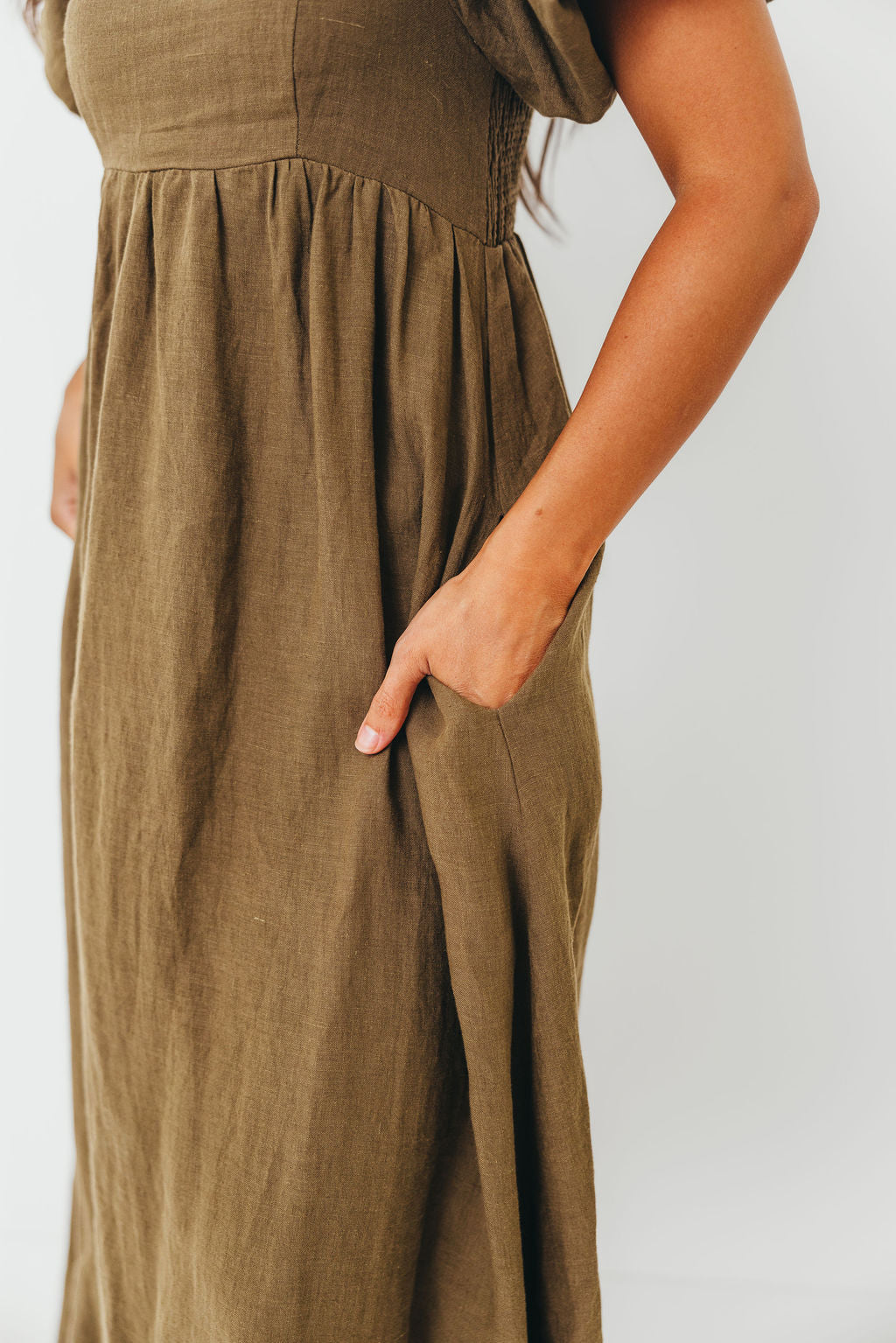 Candace Woven Linen Maxi Dress in Dark Olive - Bump Friendly