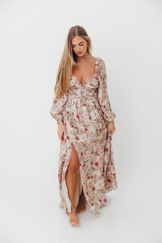 Daphne Long Sleeve Maxi Dress in Pink/Beige Multi Floral - Bump Friendly *9/30 PRE-ORDER*