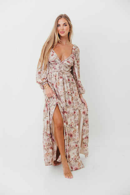 Daphne Long Sleeve Maxi Dress in Pink/Beige Multi Floral - Bump Friendly *9/30 PRE-ORDER*