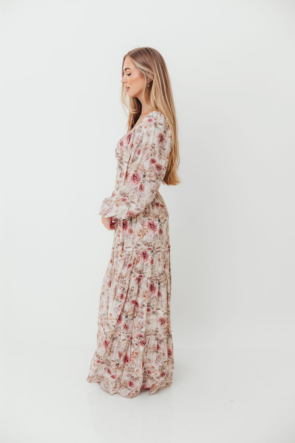 Daphne Long Sleeve Maxi Dress in Pink/Beige Multi Floral - Bump Friendly *9/30 PRE-ORDER*