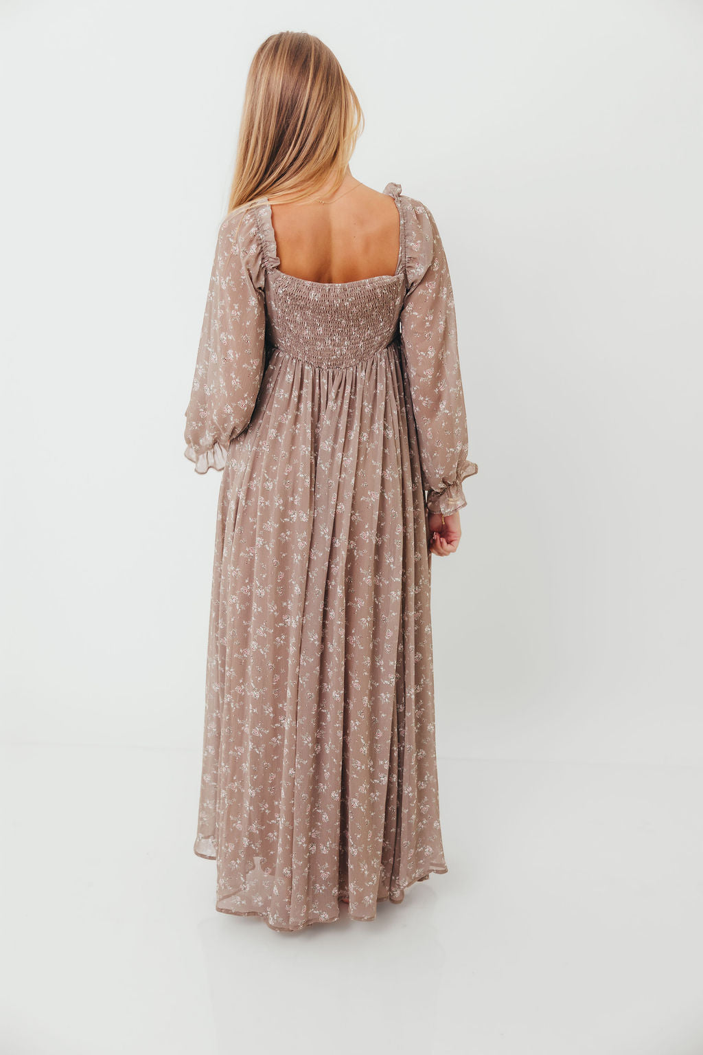 Amy Floral Long Sleeve Maxi Dress in Mocha Multi - Bump Friendly