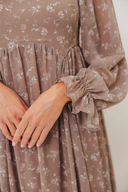 Amy Floral Long Sleeve Maxi Dress in Mocha Multi - Bump Friendly