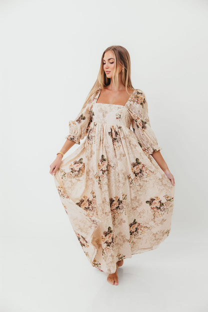 Mona Maxi Dress with Smocking in Cream/Beige Floral - Bump Friendly *9/30 PRE-ORDER*