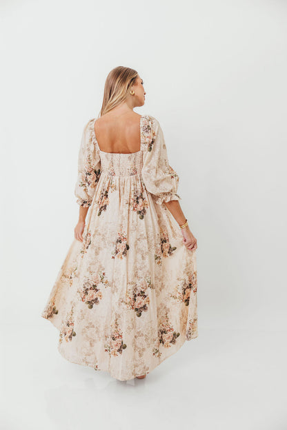 Mona Maxi Dress with Smocking in Cream/Beige Floral - Bump Friendly *9/30 PRE-ORDER*