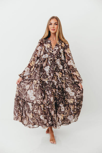 Eve Floral Print Button Front Duster Maxi With Detachable Slip in Brown Multi - Bump Friendly
