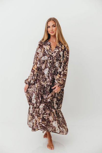 Eve Floral Print Button Front Duster Maxi With Detachable Slip in Brown Multi - Bump Friendly