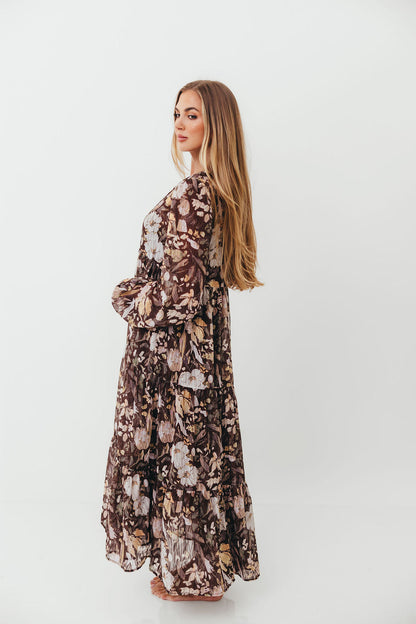 Eve Floral Print Button Front Duster Maxi With Detachable Slip in Brown Multi - Bump Friendly