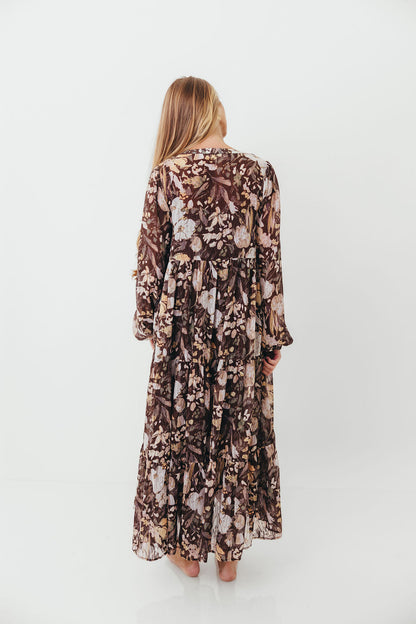 Eve Floral Print Button Front Duster Maxi With Detachable Slip in Brown Multi - Bump Friendly