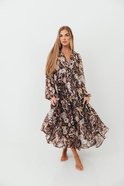 Eve Floral Print Button Front Duster Maxi With Detachable Slip in Brown Multi - Bump Friendly