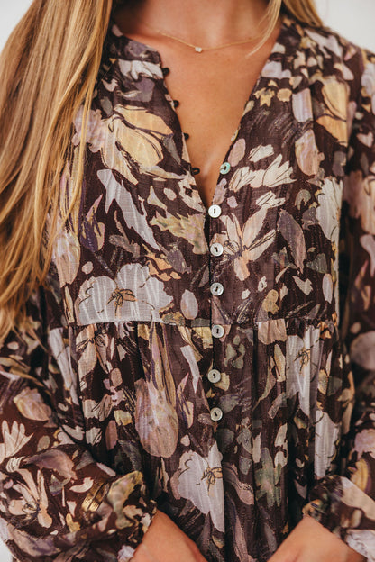 Eve Floral Print Button Front Duster Maxi With Detachable Slip in Brown Multi - Bump Friendly