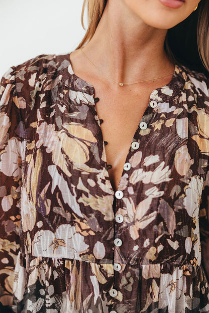 Eve Floral Print Button Front Duster Maxi With Detachable Slip in Brown Multi - Bump Friendly