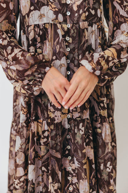 Eve Floral Print Button Front Duster Maxi With Detachable Slip in Brown Multi - Bump Friendly