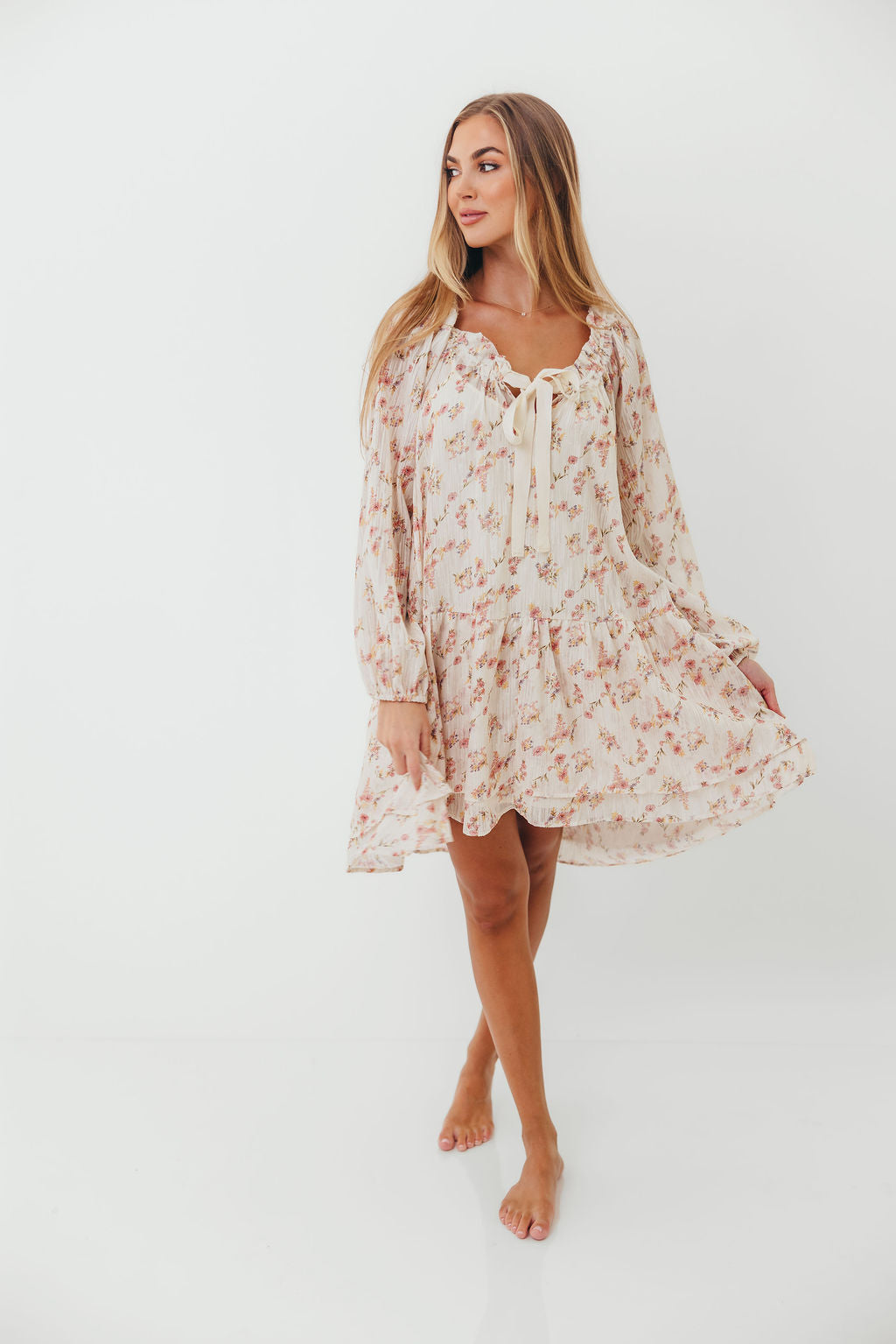 Maui Soft Petals Flare Mini Dress in Cream Multi