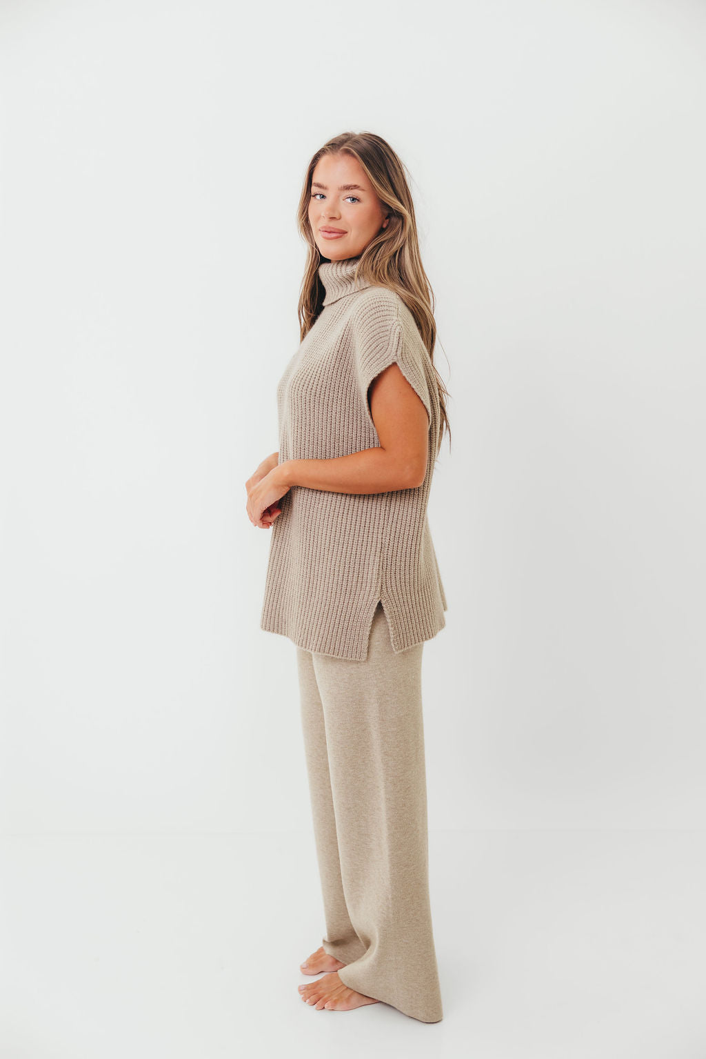 Hilaria Turtle Neck Sweater Top and Pants Set in Stone