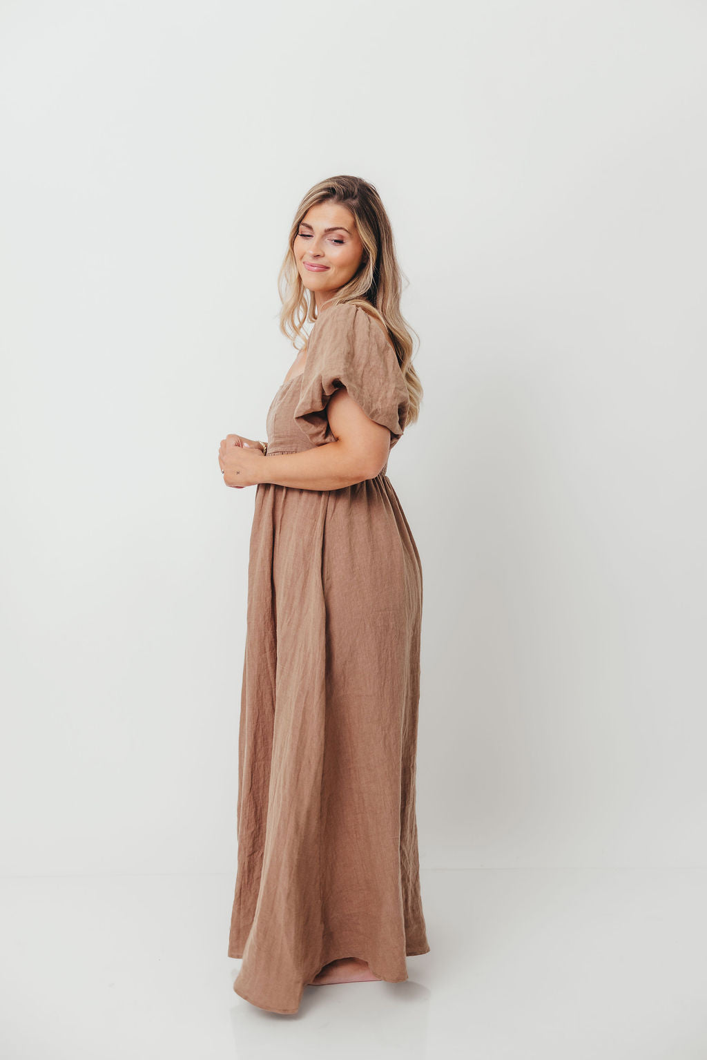 Candace Woven Linen Maxi Dress in Mocha - Bump Friendly