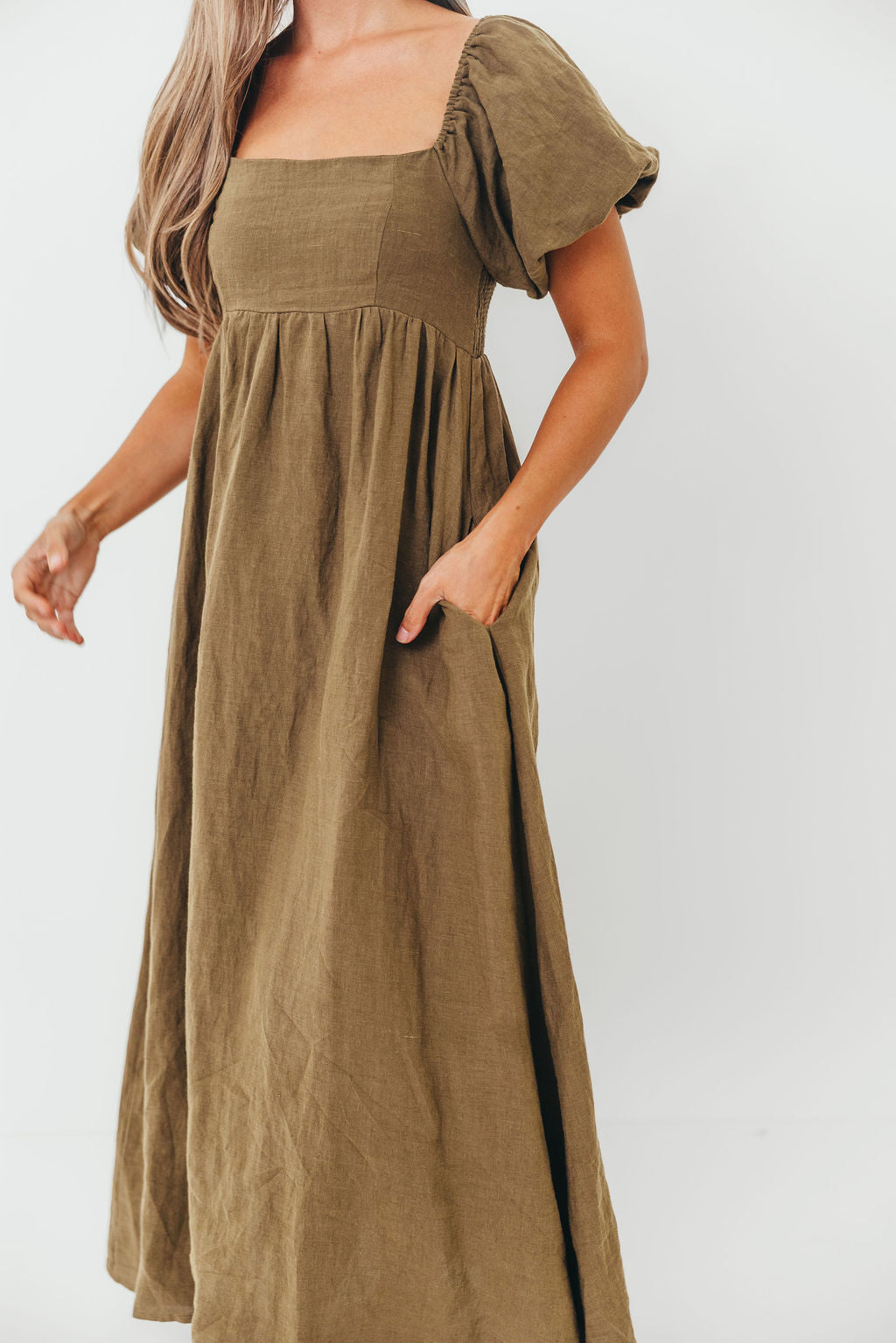 Candace Woven Linen Maxi Dress in Dark Olive - Bump Friendly