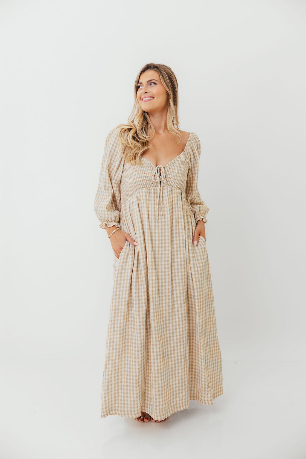 Cecilia 100% Cotton Smocked Maxi Dress in Natural Plaid - Bump Friendly *9/26 PRE-ORDER*